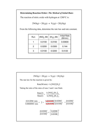7
The reaction of nitric oxide with hydrogen at 1280°C is:
Determining Reaction Order: The Method of Initial Rates
2NO(g) + 2H2(g) → N2(g) + 2H2O(g)
From the following data, determine the rate law and rate constant.
0.01200.02000.01003
0.1440.03000.02002
0.006000.01000.01001
Initial Rate
(M/min)
[H2]o (M)[NO]o (M)Run
Rate(M/min) = k [NO]x[H2]y
The rate law for the reaction is given by:
2NO(g) + 2H2(g) → N2(g) + 2H2O(g)
Taking the ratio of the rates of runs 3 and 1 one finds:
Rate(3)
Rate(1)
=
x y
(3) 2 (3)
x y
(1) 2 (1)
k [NO] [H ]
k [NO] [H ]
0.0120M / min
0.00600M / min
=
x y
x y
k [0.0100] [0.0200]
k [0.0100] [0.0100]
y
y
[0.0200]
[0.0100]
=2 =
y
y
[0.0200]
[0.0100]
=
y
0.0200
0.0100
 
  
 