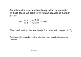 Sometimes the exponent is not easy to find by inspection.
In those cases, we solve for m with an equation of the form
a = bm:
log a
=
log 1.99
log b log 2.00
m = = 0.993
This confirms that the reaction is first order with respect to O2.
Reaction orders may be positive integers, zero, negative integers, or
fractions.
Dr. N. Singh
 