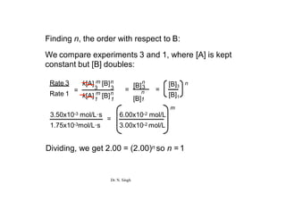 Rate 3
Rate 1
=
k[A] m [B]n
3 3
1
k[A] m
[B]n
1
Finding n, the order with respect to B:
We compare experiments 3 and 1, where [A] is kept
constant but [B] doubles:
=
[B]
n
3
n
[B]1
=
[B]3
n
3.50x10-3 mol/L·s
1.75x10-3mol/L·s
=
6.00x10-2 mol/L
3.00x10-2 mol/L
[B]1
m
Dividing, we get 2.00 = (2.00)n so n = 1
Dr. N. Singh
 