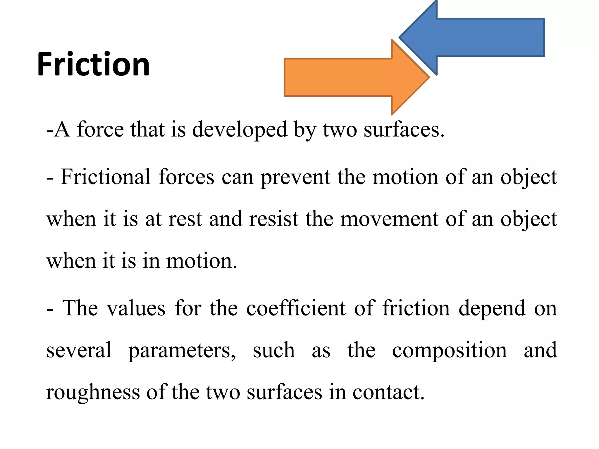 Friction
-A force that is developed by two surfaces.
- Frictional forces can prevent the motion of an object 
when it is at rest and resist the movement of an object 
when it is in motion.
- The values for the coefficient of friction depend on 
several  parameters,  such  as  the  composition  and 
roughness of the two surfaces in contact.
 
