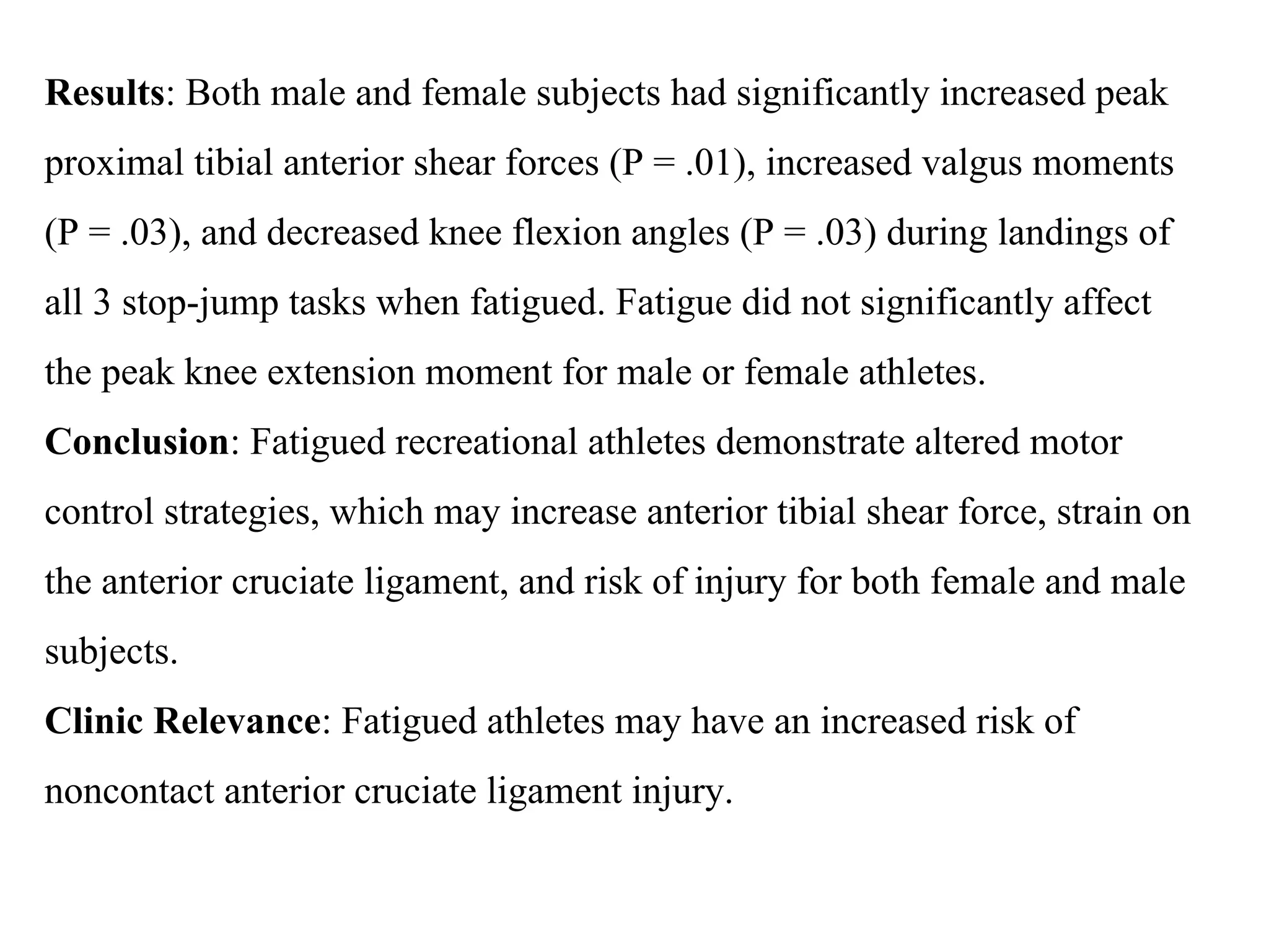 Results: Both male and female subjects had significantly increased peak 
proximal tibial anterior shear forces (P = .01), increased valgus moments 
(P = .03), and decreased knee flexion angles (P = .03) during landings of 
all 3 stop-jump tasks when fatigued. Fatigue did not significantly affect 
the peak knee extension moment for male or female athletes.
Conclusion: Fatigued recreational athletes demonstrate altered motor 
control strategies, which may increase anterior tibial shear force, strain on 
the anterior cruciate ligament, and risk of injury for both female and male 
subjects.
Clinic Relevance: Fatigued athletes may have an increased risk of 
noncontact anterior cruciate ligament injury.
 