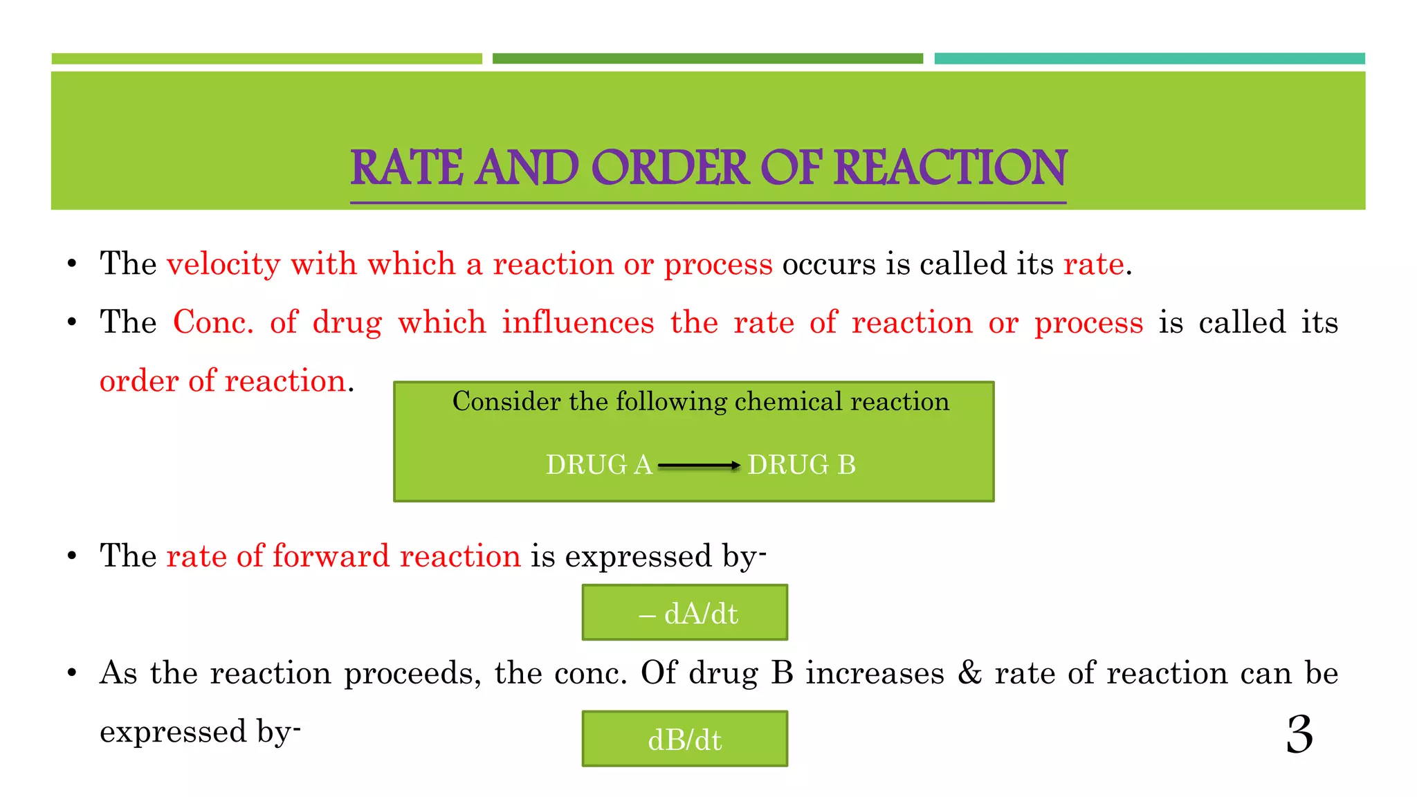 RATE AND ORDER OF REACTION
• The velocity with which a reaction or process occurs is called its rate.
• The Conc. of drug which influences the rate of reaction or process is called its
order of reaction.
• The rate of forward reaction is expressed by-
• As the reaction proceeds, the conc. Of drug B increases & rate of reaction can be
expressed by-
Consider the following chemical reaction
DRUG A DRUG B
– dA/dt
dB/dt 3
 