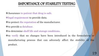 IMPORTANCE OF STABILITY TESTING
Assurance to patient that drug is safe.
legal requirement to provide data.
to protect the reputation of the manufacturer.
to provide a database.
to determine shelf life and storage conditions.
to verify that no changes have been introduced in the formulation or
manufacturing process that can adversely affect the stability of the
product.
19
 