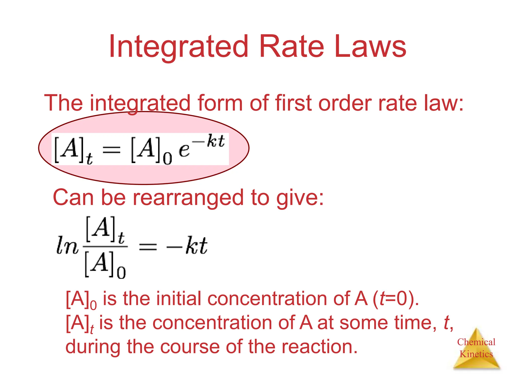 Chemical
Kinetics
Integrated Rate Laws
The integrated form of first order rate law:
Can be rearranged to give:
[A]0 is the initial concentration of A (t=0).
[A]t is the concentration of A at some time, t,
during the course of the reaction.
 