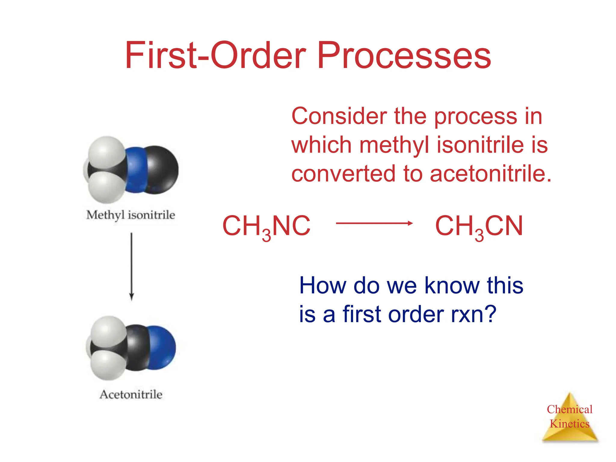 Chemical
Kinetics
First-Order Processes
Consider the process in
which methyl isonitrile is
converted to acetonitrile.
CH3NC CH3CN
How do we know this
is a first order rxn?
 