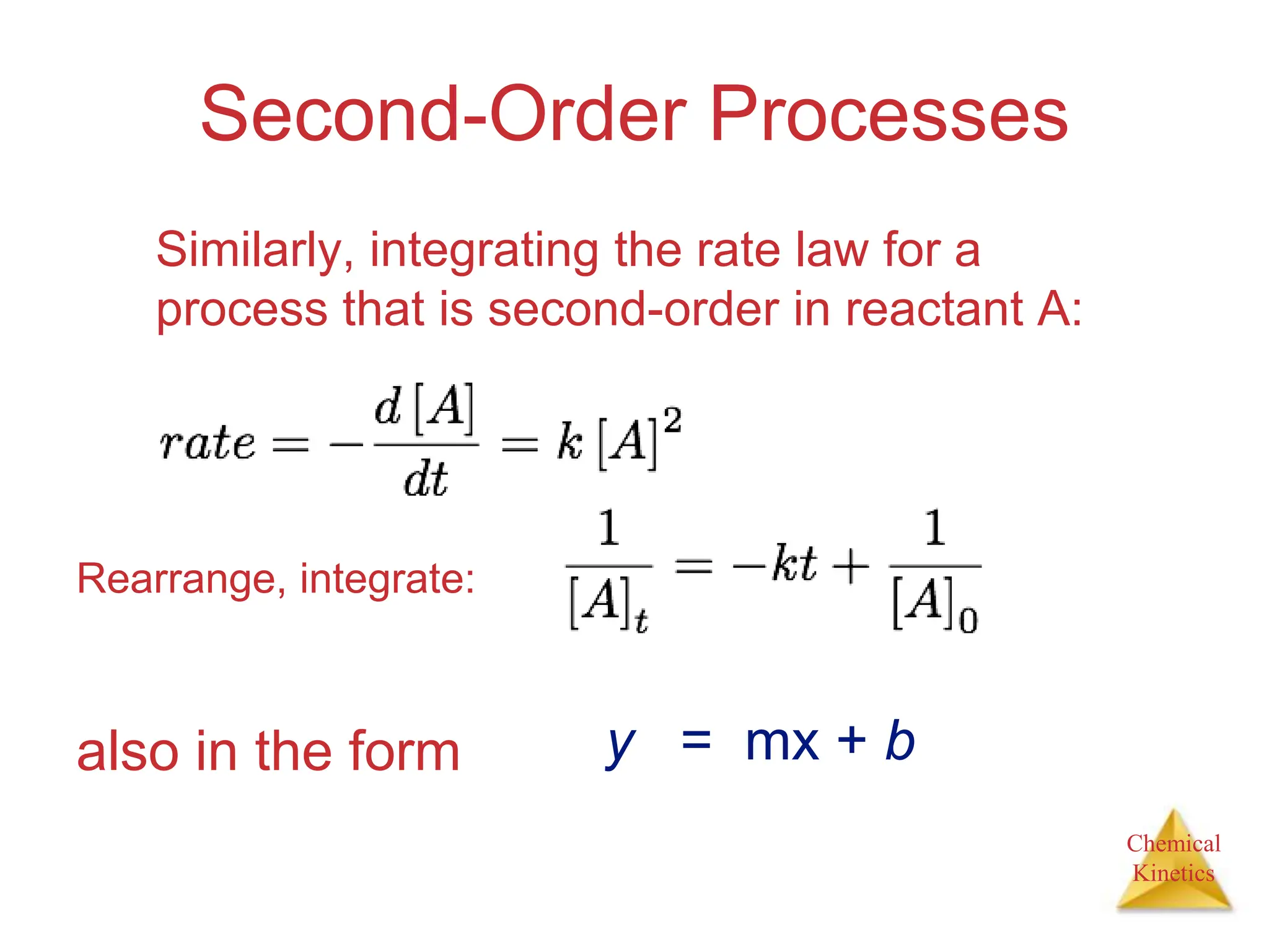 Chemical
Kinetics
Second-Order Processes
Similarly, integrating the rate law for a
process that is second-order in reactant A:
also in the form y = mx + b
Rearrange, integrate:
 