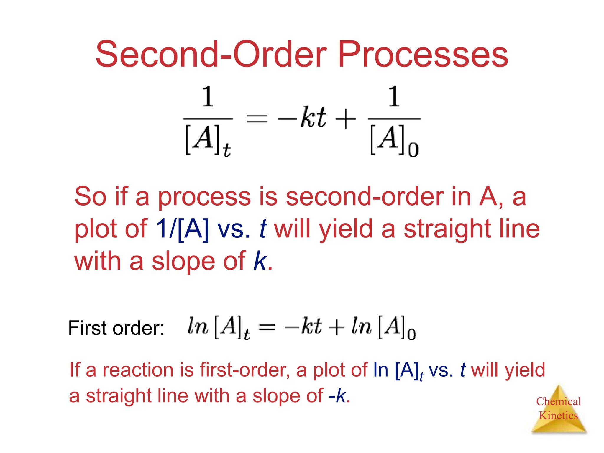Chemical
Kinetics
Second-Order Processes
So if a process is second-order in A, a
plot of 1/[A] vs. t will yield a straight line
with a slope of k.
If a reaction is first-order, a plot of ln [A]t vs. t will yield
a straight line with a slope of -k.
First order:
 