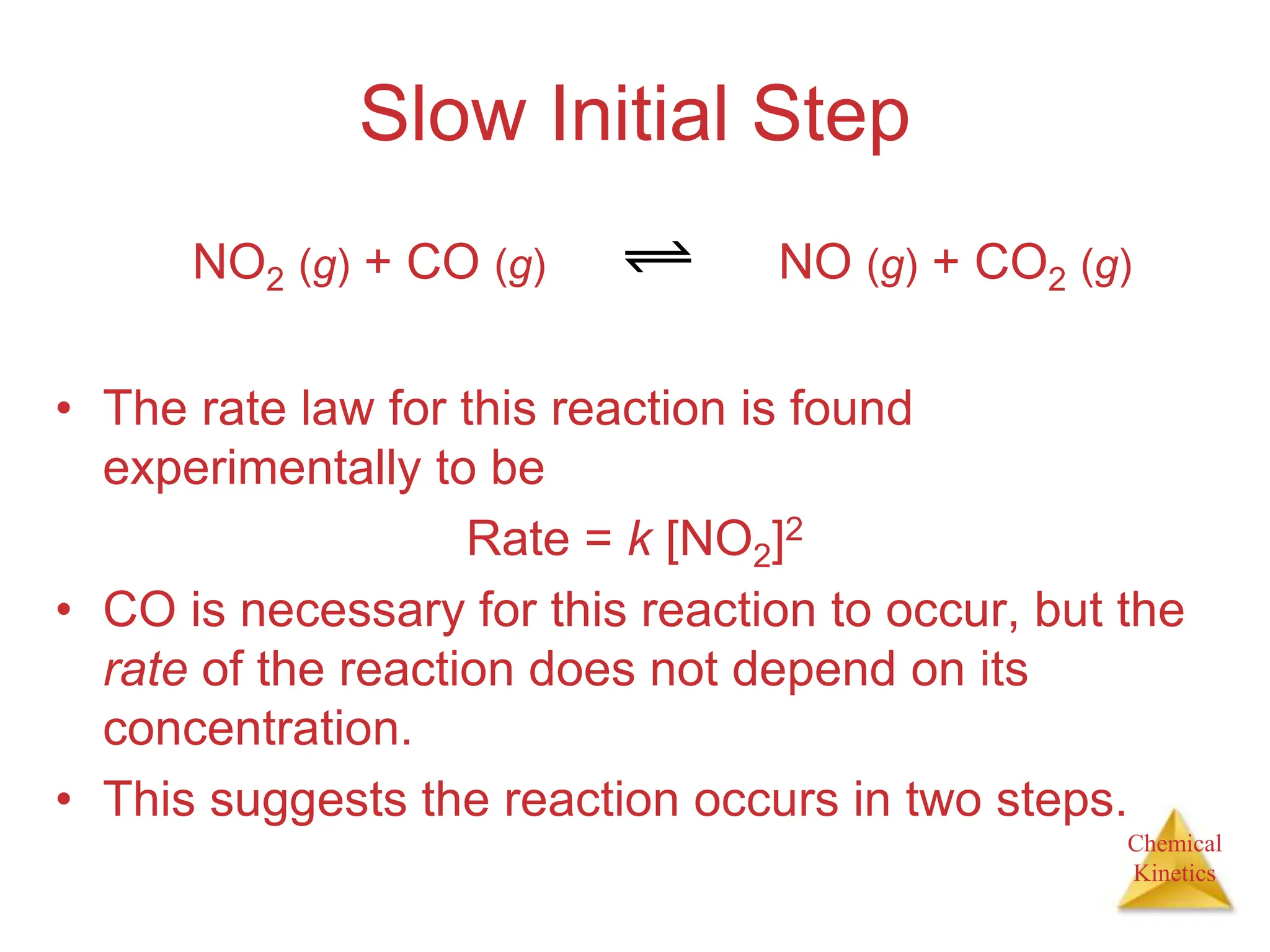 Chemical
Kinetics
Slow Initial Step
• The rate law for this reaction is found
experimentally to be
Rate = k [NO2]2
• CO is necessary for this reaction to occur, but the
rate of the reaction does not depend on its
concentration.
• This suggests the reaction occurs in two steps.
NO2 (g) + CO (g) NO (g) + CO2 (g)
 