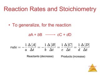 Chemical
Kinetics
Reaction Rates and Stoichiometry
• To generalize, for the reaction
aA + bB cC + dD
Reactants (decrease) Products (increase)
 
