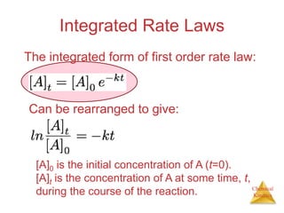 Chemical
Kinetics
Integrated Rate Laws
The integrated form of first order rate law:
Can be rearranged to give:
[A]0 is the initial concentration of A (t=0).
[A]t is the concentration of A at some time, t,
during the course of the reaction.
 