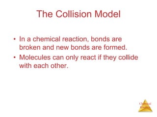 Chemical
Kinetics
The Collision Model
• In a chemical reaction, bonds are
broken and new bonds are formed.
• Molecules can only react if they collide
with each other.
 