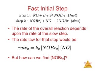 Chemical
Kinetics
Fast Initial Step
• The rate of the overall reaction depends
upon the rate of the slow step.
• The rate law for that step would be
• But how can we find [NOBr2]?
 