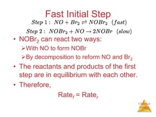 Chemical
Kinetics
Fast Initial Step
• NOBr2 can react two ways:
With NO to form NOBr
By decomposition to reform NO and Br2
• The reactants and products of the first
step are in equilibrium with each other.
• Therefore,
Ratef = Rater
 