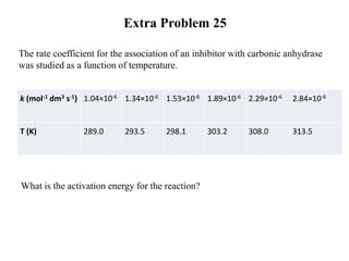 The rate coefficient for the association of an inhibitor with carbonic anhydrase
was studied as a function of temperature.
Extra Problem 25
What is the activation energy for the reaction?
k (mol-1 dm3 s-1) 1.04×10-6 1.34×10-6 1.53×10-6 1.89×10-6 2.29×10-6 2.84×10-6
T (K) 289.0 293.5 298.1 303.2 308.0 313.5
 
