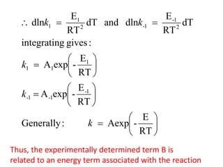 





=






=






=
=
=
∴
RT
E
-
Aexp
:
Generally
RT
E
-
exp
A
RT
E
-
exp
A
:
gives
g
integratin
dT
RT
E
dln
and
dT
RT
E
dln
1
-
1
-
1
-
1
1
1
2
1
-
1
-
2
1
1
k
k
k
k
k
Thus, the experimentally determined term B is
related to an energy term associated with the reaction
 
