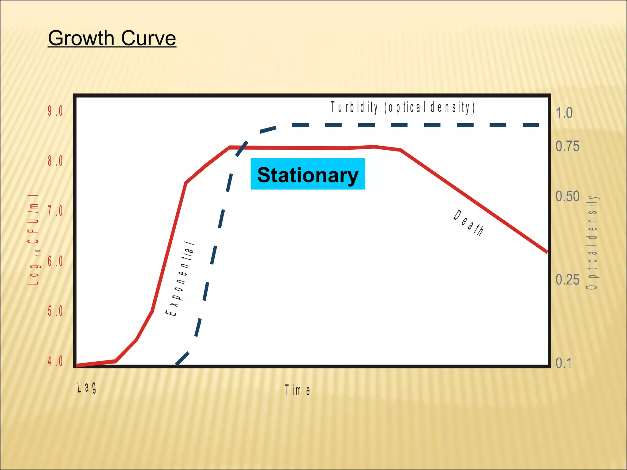 Growth Curve
T u r b i d i t y ( o p t i c a l d e n s it y )

9 .0

7 .0

De

6 .0
5 .0
4 .0
Lag

T im e

a th

O p tic a l d e n s it y

S t a t io n a r y
Stationary

Expo
nent
ia l

Log

10

C F U /m l

8 .0

 
