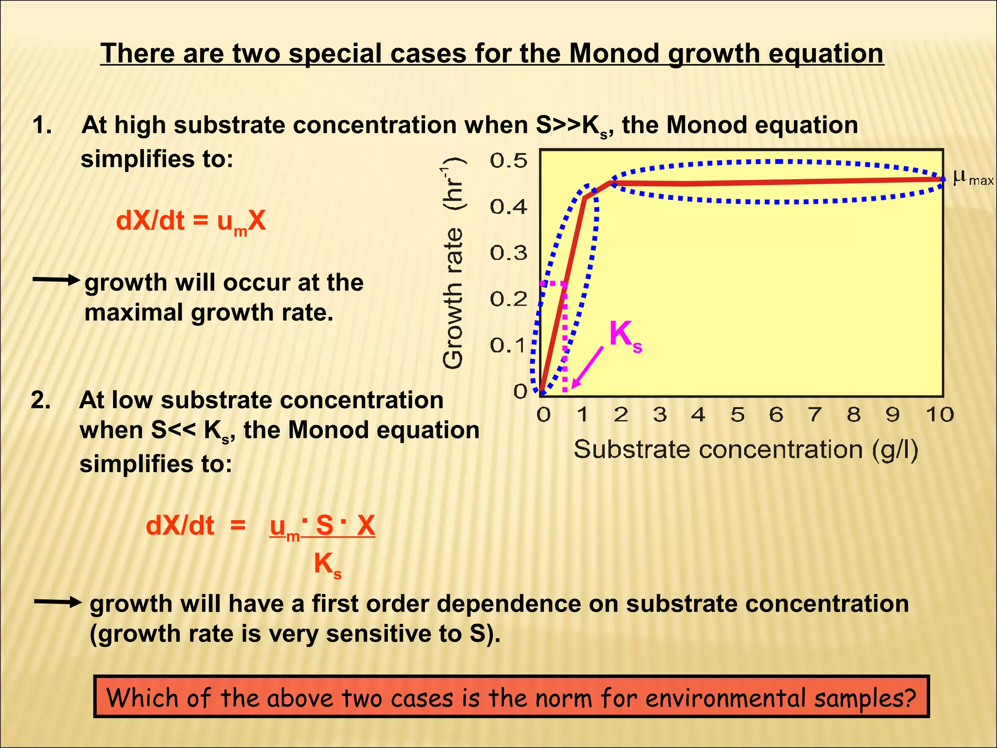 There are two special cases for the Monod growth equation
1.

At high substrate concentration when S>>Ks, the Monod equation
simplifies to:

dX/dt = umX
growth will occur at the
maximal growth rate.
2.

Ks

At low substrate concentration
when S<< Ks, the Monod equation
simplifies to:

dX/dt = um. S . X
Ks
growth will have a first order dependence on substrate concentration
(growth rate is very sensitive to S).
Which of the above two cases is the norm for environmental samples?

 