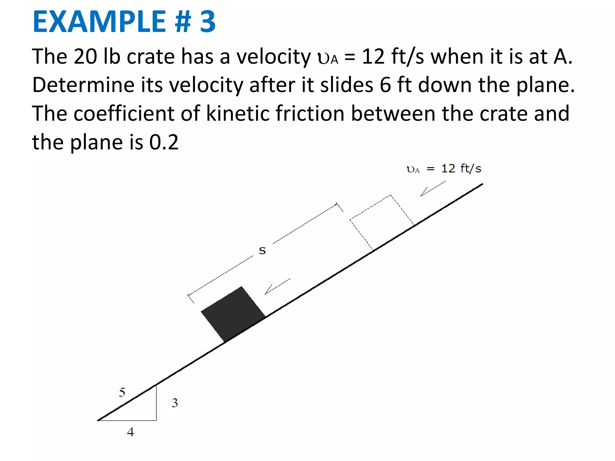 The 20 lb crate has a velocity A = 12 ft/s when it is at A.
Determine its velocity after it slides 6 ft down the plane.
The coefficient of kinetic friction between the crate and
the plane is 0.2
EXAMPLE # 3
 