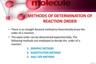 METHODS OF DETERMINATION OF
REACTION ORDER
• There is no straight forward method to theoretically know the
order of a reaction.
• The exact order can be determined experimentally. The
following methods are employed to decide the order of a
reaction.
1. GRAPHIC METHOD
2. SUBSTITUTION METHOD
3. HALF LIFE METHOD
 