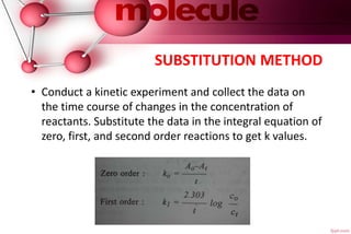 SUBSTITUTION METHOD
• Conduct a kinetic experiment and collect the data on
the time course of changes in the concentration of
reactants. Substitute the data in the integral equation of
zero, first, and second order reactions to get k values.
 