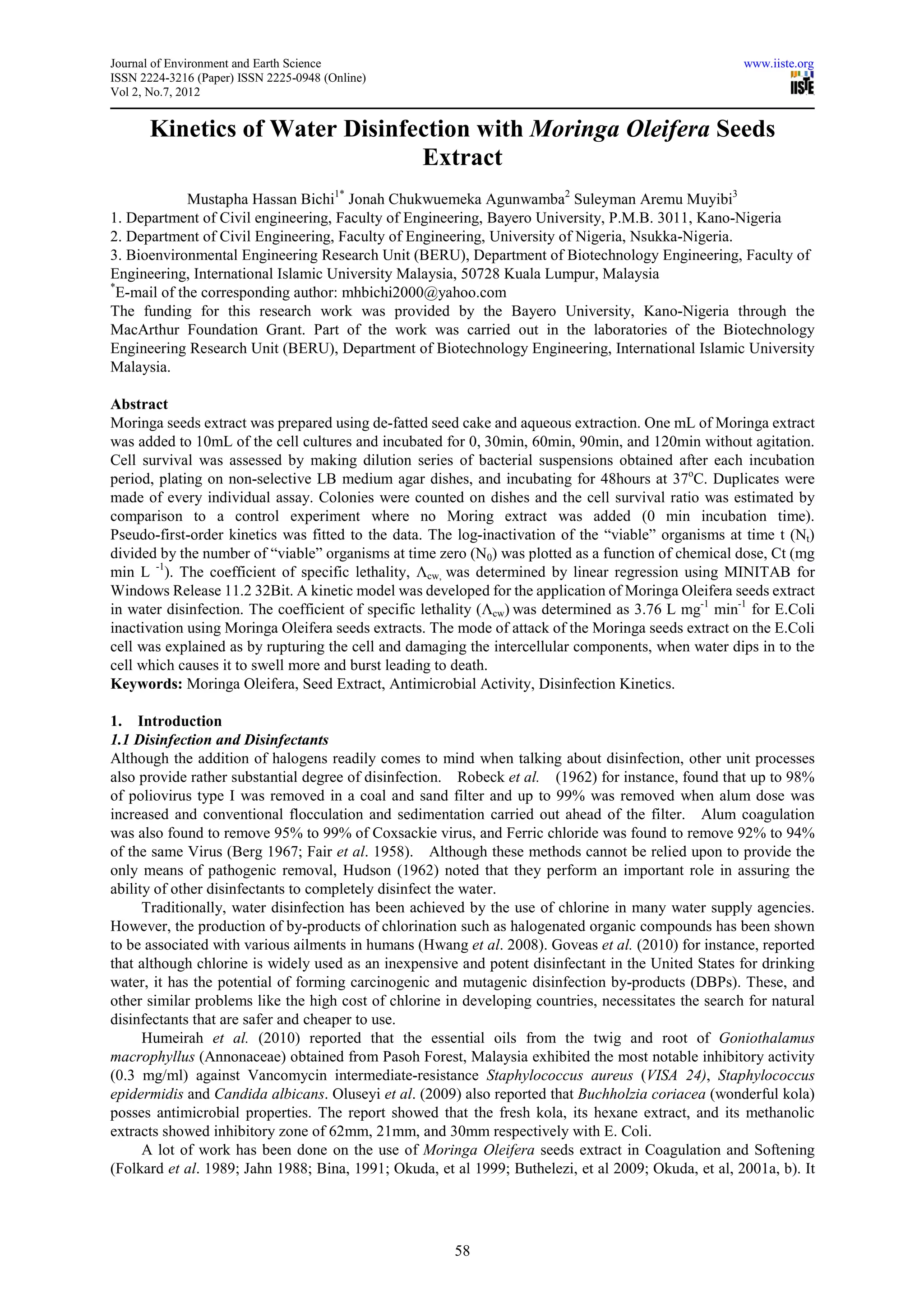 of water disinfection with moringa oleifera seeds extract PDF