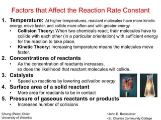 Factors that Affect the Reaction Rate Constant
1. Temperature: At higher temperatures, reactant molecules have more kinetic
energy, move faster, and collide more often and with greater energy
• Collision Theory: When two chemicals react, their molecules have to
collide with each other (in a particular orientation) with sufficient energy
for the reaction to take place.
• Kinetic Theory: Increasing temperature means the molecules move
faster.
2. Concentrations of reactants
• As the concentration of reactants increases,
so does the likelihood that reactant molecules will collide.
3. Catalysts
• Speed up reactions by lowering activation energy
4. Surface area of a solid reactant
• More area for reactants to be in contact
5. Pressure of gaseous reactants or products
• Increased number of collisions
Chung (Peter) Chieh
University of Waterloo
•John D. Bookstaver
•St. Charles Community College
 