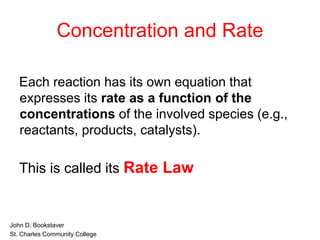 Concentration and Rate
Each reaction has its own equation that
expresses its rate as a function of the
concentrations of the involved species (e.g.,
reactants, products, catalysts).
This is called its Rate Law
• John D. Bookstaver
• St. Charles Community College
 