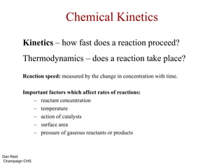Chemical Kinetics
Kinetics – how fast does a reaction proceed?
Thermodynamics – does a reaction take place?
Reaction speed: measured by the change in concentration with time.
Important factors which affect rates of reactions:
– reactant concentration
– temperature
– action of catalysts
– surface area
– pressure of gaseous reactants or products
Dan Reid
Champaign CHS
 