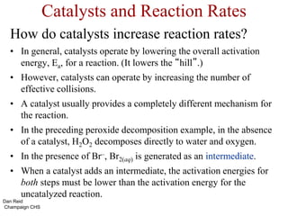 Catalysts and Reaction Rates
How do catalysts increase reaction rates?
• In general, catalysts operate by lowering the overall activation
energy, Ea, for a reaction. (It lowers the “hill”.)
• However, catalysts can operate by increasing the number of
effective collisions.
• A catalyst usually provides a completely different mechanism for
the reaction.
• In the preceding peroxide decomposition example, in the absence
of a catalyst, H2O2 decomposes directly to water and oxygen.
• In the presence of Br–, Br2(aq) is generated as an intermediate.
• When a catalyst adds an intermediate, the activation energies for
both steps must be lower than the activation energy for the
uncatalyzed reaction.
Dan Reid
Champaign CHS
 