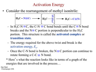 Activation Energy
• Consider the rearrangement of methyl isonitrile:
– In H3C-N C, the C-N C bond bends until the C N bond
breaks and the N C portion is perpendicular to the H3C
portion. This structure is called the activated complex or
transition state.
– The energy required for the above twist and break is the
activation energy, Ea.
– Once the C-N bond is broken, the N C portion can continue to
rotate forming a C-C N bond.
* Here’s what the reaction looks like in terms of a graph of the
energies that are involved in the process…
Dan Reid
Champaign CHS
Activation Energy
•  Consider the rearrangement of methyl isonitrile:
–  In H3C-N!C, the C-N!C bond bends until the C-N bond
breaks and the N!C portion is perpendicular to the H3C
portion. This structure is called the activated complex or
transition state.
–  The energy required for the above twist and break is the
activation energy, Ea.
–  Once the C-N bond is broken, the N!C portion can continue
to rotate forming a C-C!N bond.
* Here s what the reaction looks like in terms of a graph of the
Activation Energy
•  Consider the rearrangement of methyl isonitrile:
–  In H3C-N!C, the C-N!C bond bends until the C-N b
breaks and the N!C portion is perpendicular to the H3
portion. This structure is called the activated complex
transition state.
–  The energy required for the above twist and break is th
activation energy, Ea.
–  Once the C-N bond is broken, the N!C portion can co
to rotate forming a C-C!N bond.
* Here s what the reaction looks like in terms of a graph o
Activat
•  Consider the rearrangemen
–  In H3C-N!C, the C-N!C
breaks and the N!C portio
portion. This structure is ca
transition state.
–  The energy required for the
activation energy, Ea.
–  Once the C-N bond is broke
to rotate forming a C-C!N
* Here s what the reaction loo
Activation Energy
•  Consider the rearrangement of methyl isonitrile:
–  In H3C-N!C, the C-N!C bond bends until the C-N bon
breaks and the N!C portion is perpendicular to the H3C
Activation Energy
•  Consider the rearrangement of methyl i
–  In H3C-N!C, the C-N!C bond bends un
breaks and the N!C portion is perpendicu
portion. This structure is called the activat
Activation Energy
•  Consider the rearrangement of methyl isonitrile:
–  In H3C-N!C, the C-N!C bond bends until the C-N bond
breaks and the N!C portion is perpendicular to the H3C
portion. This structure is called the activated complex or
transition state.
–  The energy required for the above twist and break is the
activation energy, Ea.
–  Once the C-N bond is broken, the N!C portion can continue
to rotate forming a C-C!N bond.
 