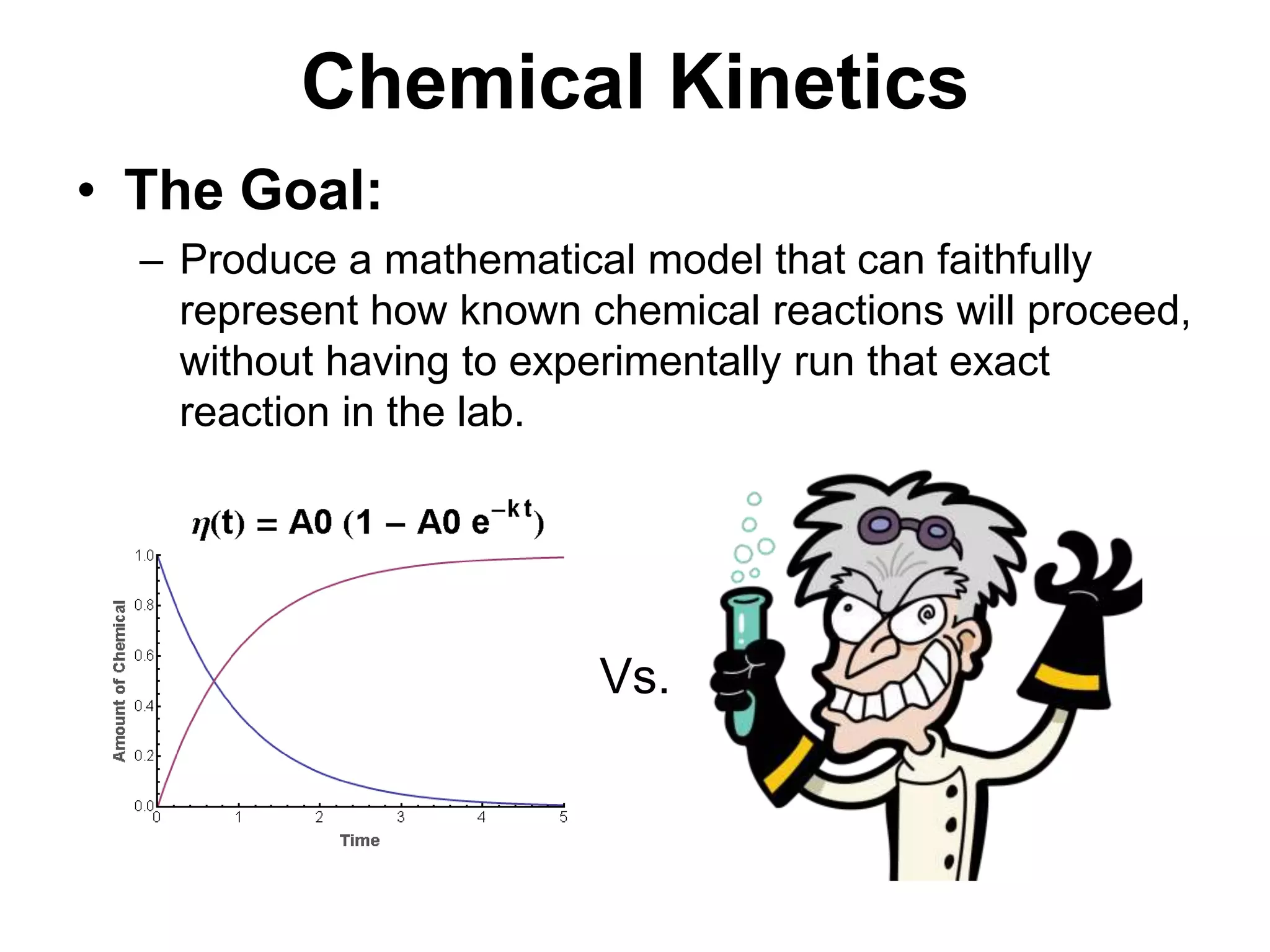 Chemical KineticsThe Goal:Produce a mathematical model that can faithfully represent how known chemical reactions will proceed, without having to experimentally run that exact reaction in the lab. Vs.