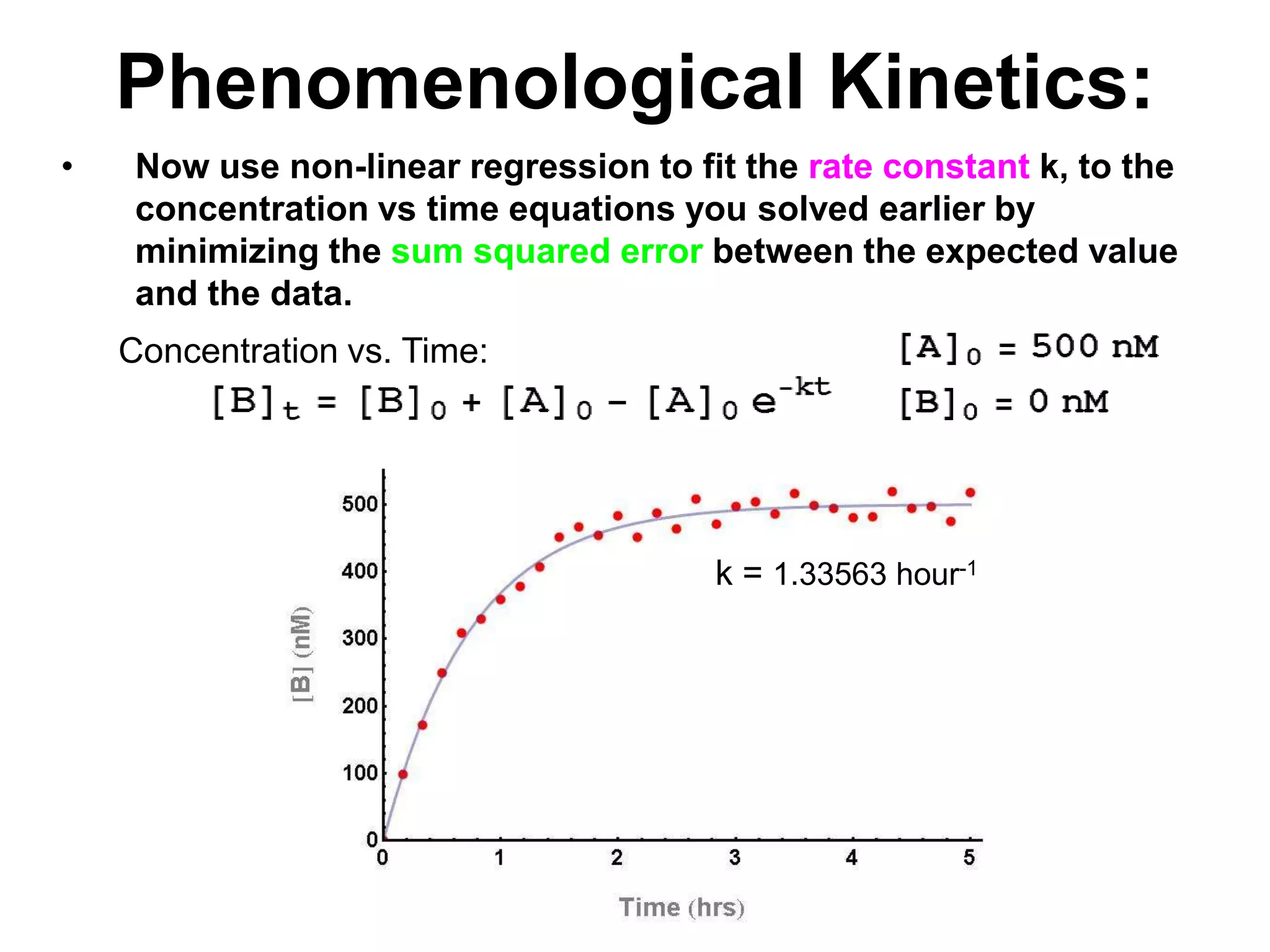 PhenomenologicalKinetics:Now use non-linear regression to fit the rate constant k, to the concentration vs time equations you solved earlier by minimizing the sum squared error between the expected value and the data.Concentration vs. Time:k = 1.33563 hour-1