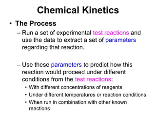 Chemical KineticsThe ProcessRun a set of experimental test reactions and use the data to extract a set of parameters regarding that reaction.Use these parameters to predict how this reaction would proceed under different conditions from the test reactions:With different concentrations of reagentsUnder different temperatures or reaction conditionsWhen run in combination with other known reactions