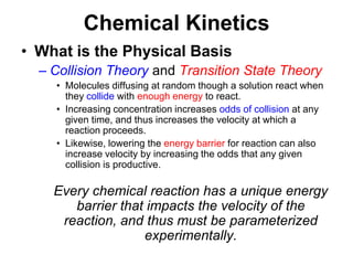 Chemical KineticsWhat is the Physical BasisCollision Theory and Transition State TheoryMolecules diffusing at random though a solution react when they collide with enough energy to react.Increasing concentration increases odds of collision at any given time, and thus increases the velocity at which a reaction proceeds. Likewise, lowering the energy barrier for reaction can also increase velocity by increasing the odds that any given collision is productive.	Every chemical reaction has a unique energy barrier that impacts the velocity of the reaction, and thus must be parameterized experimentally.