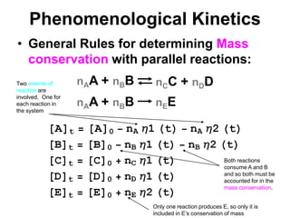 PhenomenologicalKineticsnAA + nBBnCC + nDDnAA + nBBnEEGeneral Rules for determining Mass conservation with parallel reactions:Two extents of reaction are involved.  One for each reaction in the systemBoth reactions consume A and B and so both must be accounted for in the mass conservation.Only one reaction produces E, so only it is included in E’s conservation of mass