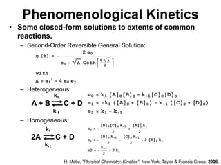 PhenomenologicalKineticsk1k1A + BC + D2AC + Dk-1k-1Some closed-form solutions to extents of common reactions.Second-Order Reversible General Solution:Heterogeneous:Homogeneous:H. Metiu, ”Physical Chemistry: Kinetics”, New York: Taylor & Francis Group, 2006.