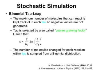 Stochastic SimulationBinomial Tau-LeapThe maximum number of molecules that can react is kept track of in each tau so negative values are not generated.Tau is selected by a so called “coarse graining factor” f. such that: The number of molecules changed for each reaction within tau is sampled from a Binomial distribution.M. Pineda-Krch, J. Stat. Software, (2008) 25,12A. Chatterjee et al., J. Chem. Physics. (2005) 122, 024122