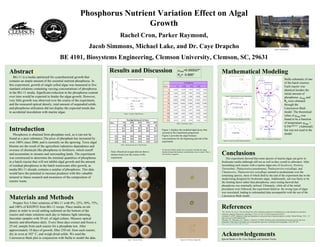 Phosphorus Nutrient Variation Effect on Algal
Growth
Rachel Cron, Parker Raymond,
Jacob Simmons, Michael Lake, and Dr. Caye Drapcho
BE 4101, Biosystems Engineering, Clemson University, Clemson, SC, 29631
Abstract
BG-11 is a media optimized for cyanobacterial growth that
contains an ample amount of the essential nutrient phosphorus. In
this experiment, growth of single celled algae was measured in five
standard solutions containing varying concentrations of phosphorus
in the BG-11 media. Significant reduction in the phosphorus content
over time would be expected to hinder the algae growth. However,
very little growth was observed over the course of the experiment,
and the measured optical density, total amount of suspended solids,
and phosphorus utilization did not display the expected trends due
to accidental inoculation with marine algae.
Introduction
Phosphorus is obtained from phosphate rock, as it can not be
found as a pure substance.The price of phosphate has increased by
over 100% since 2006, and is currently on the upswing. Toxic algal
blooms are the result of the agriculture industries dependence and
overuse of chemicals like phosphorus in fertilizers, which runoff
and accumulate in streams and surrounding lands. The experiment
was constructed to determine the minimal quantities of phosphorus
in a batch reactor that will not inhibit algal growth and the amount
of residual phosphorus in the batch wastewater after growth, as
media BG-11 already contains a surplus of phosphorus. This data
would have the potential to increase prudence with this valuable
mineral in future research and awareness of the composition of
reactor waste.
Materials and Methods
Prepare five 3-liter solutions of BG-11 with 0%, 25%, 50%, 75%,
and 100% of KH2PO3 from BG-11 recipe. Place media on stir
plates in order to avoid settling sediment on the bottom of the
reactor and rotate solutions each day to balance light rationing.
Inoculate samples with 50 mL of algal culture. Measure optical
density and absorbance daily. Every three days extract and freeze a
25 mL sample from each reactor for a phosphate test. After
approximately 10 days of growth, filter 250 mL from each reactor,
dry in oven at 102° C, and weigh dried solids. We used the
Lineweaver-Burk plot in conjunction with Stella to model the data.
Mathematical Modeling
Conclusions
This experiment showed that some species of marine algae can grow in
freshwater media (although still not as well as they would in saltwater). After
inoculating each reactor with a marine algae mix of Isochrysis, Pavlova,
Tetraselmis, Thalassiosira psuedonana, Thalassiorsira weissflogii, and
Chaetoceros, Thalassiorsira weissflogii seemed to predominate over the
remaining species, most of which died by the end of the experiment due to the
media being designed for freshwater algae. Additionally, salt was likely to be
the limiting factor rather than phosphorus, since testing showed that
phosphorus was minimally utilized. Ultimately, while all of the initial
procedures were followed, the experiment failed as the wrong type of algae
was inoculated, leading to substandard data incompatible with the use of the
Lineweaver-Burk model.
References
-Wu, Yin-Hu, Yu, Yin, Li, Xin, Hu, Hong-Ying. (2012). Biomass production of a Scenedesmus sp. under phosphorous-starvation
cultivation condition: Bioresource Technology, 112(5), 193-198. 10.1016/j.biortech.2012.02.037
-Admiraal, N. (1997). Influence of light and temperature on the growth rate of estuarine diatoms in culture: Marine Biology, 39(1), 1-9.
https://doi.org/10.1007/BF00395586
-Bissinger, J.E., Montagnes, D.J., Harples, J, Atkinson, D. (2008). Predicting marine phytoplankton maximum growth rates from
temperature: Improving on the Eppley curve using quantile regression: Limnology and Oceanography, 52(2), 487-493.
https://doi.org/10.4319/lo.2008.53.2.0487
Acknowledgements
Special thanks to Dr. Caye Drapcho and Jazmine Taylor.
Results and Discussion
Stella schematic of one
of the batch reactors.
Each reactor was
identical besides the
initial amount of
phosphorus. 𝜇max and
Ks were obtained
through the
Lineweaver-Burk
model. The theoretical
value of 𝜇max was
found to be a function
of temperature 𝜇max =
0.59e0.0633T (Admiraal)
but was not used in the
model
Figure 1 displays the modeled algal decay that
occured as the experiment progressed.
Figure 2 provides the algal biomass
concentrations for the beginning and end of the
experiment
*Lineweaver-Burk model can’t accurately calculate the algae
kinetics because the biomass concentrations vary so much. This is
why the Ks is negative.
𝜇max=0.000027*
Ks= -0.895*
% Phosphorus
Hours 0 0.25 0.5 0.75 1
0 0.027 0.015 0.013 0.041 0.029
26 0.016 0.025 0.032 0.033 0.032
41 0.024 0.02 0.028 0.039 0.042
64 0.0262 0.0282 0.0322 0.0432 0.0412
89 0.0202 0.0242 0.0262 0.0362 0.0362
113 0.017 0.018 0.018 0.031 0.034
137 0.014 0.014 0.017 0.028 0.03
165 0.028 0.025 0.039 0.078 0.085
189 0.027 0.027 0.02 0.024 0.026
214 0.013 0.016 0.019 0.03 0.03
Figure 1. Graph of Algal Biomass
Table 1. Beginning and end of Algal Biomass
Figure 2. Optical Density versus Concentration
Figure 6. Batch Reactors
Table 2. Absorbance Values
Figure 3. Natural Log of Biomass over Time
Figure 4. Lineweaver-Burk Kinetic Parameters
Figure 5. STELLA Schematic of Bioreactor
Figure 7. Biomass Filtrate Figures 8-10. Pictures of algae (40)
Note: Dissolved oxygen did not show a
distinct trend over the course of the
experiment.
 