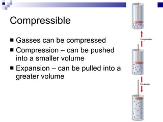 Compressible Gasses can be compressed Compression – can be pushed into a smaller volume Expansion – can be pulled into a greater volume 