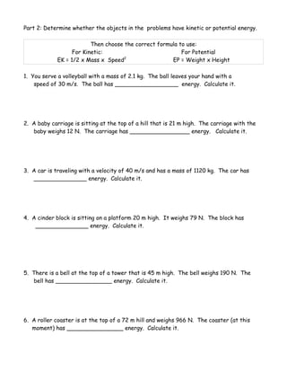 Kinetic vs. Potential NRG Work Sheet Honors | PDF