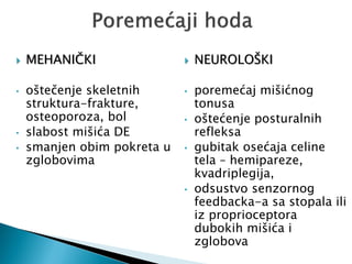  MEHANIČKI
• oštečenje skeletnih
struktura-frakture,
osteoporoza, bol
• slabost mišića DE
• smanjen obim pokreta u
zglobovima
 NEUROLOŠKI
• poremećaj mišićnog
tonusa
• oštećenje posturalnih
refleksa
• gubitak osećaja celine
tela – hemipareze,
kvadriplegija,
• odsustvo senzornog
feedbacka-a sa stopala ili
iz proprioceptora
dubokih mišića i
zglobova
 