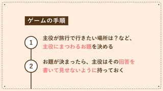 ゲームの手順
主役が旅行で行きたい場所は？など、
主役にまつわるお題を決める
1
お題が決まったら、主役はその回答を
書いて見せないように持っておく
2
 