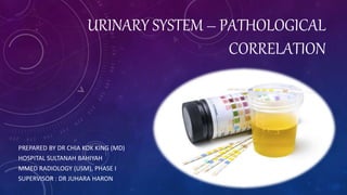URINARY SYSTEM – PATHOLOGICAL
CORRELATION
PREPARED BY DR CHIA KOK KING (MD)
HOSPITAL SULTANAH BAHIYAH
MMED RADIOLOGY (USM), PHASE I
SUPERVISOR : DR JUHARA HARON
 