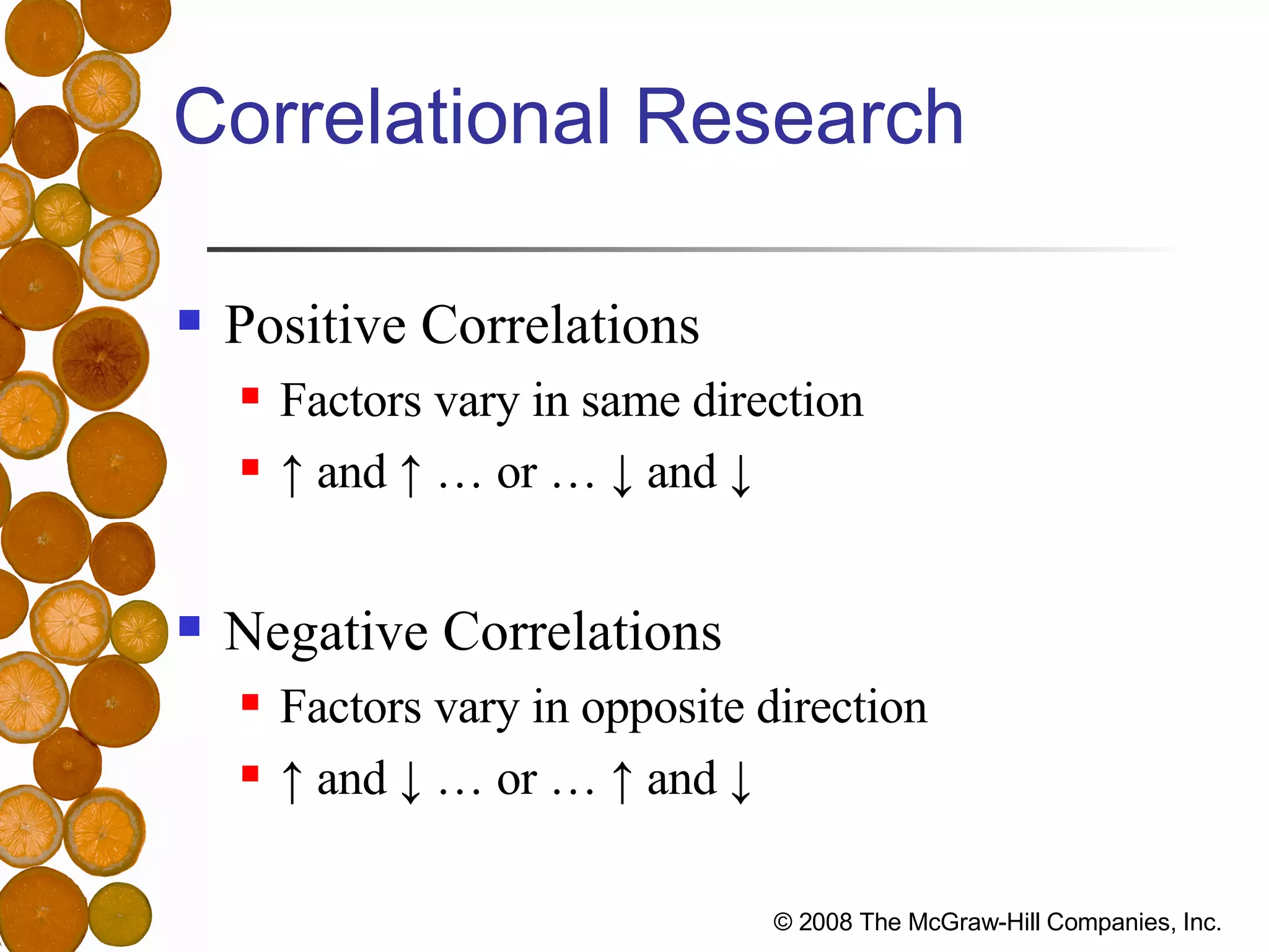 Correlational Research  Positive Correlations Factors vary in same direction ↑ and ↑ … or … ↓ and ↓ Negative Correlations Factors vary in opposite direction ↑ and ↓ … or … ↑ and ↓ 