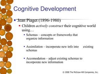 Cognitive Development Jean Piaget (1896-1980) Children  actively construct  their cognitive world using… Schemas – concepts or frameworks that  organize information Assimilation – incorporate new info into  existing schemas Accomodation – adjust existing schemas to incorporate new information 