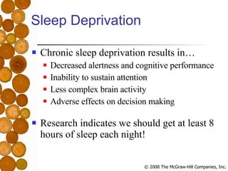 Sleep Deprivation Chronic sleep deprivation results in… Decreased alertness and cognitive performance Inability to sustain attention Less complex brain activity Adverse effects on decision making Research indicates we should get at least 8 hours of sleep each night! 