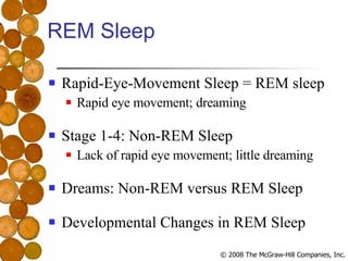 REM Sleep Rapid-Eye-Movement Sleep = REM sleep Rapid eye movement; dreaming Stage 1-4: Non-REM Sleep Lack of rapid eye movement; little dreaming Dreams: Non-REM versus REM Sleep Developmental Changes in REM Sleep 