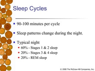 Sleep Cycles 90-100 minutes per cycle Sleep patterns change during the night. Typical night 60% - Stages 1 & 2 sleep 20% - Stages 3 & 4 sleep 20% - REM sleep 