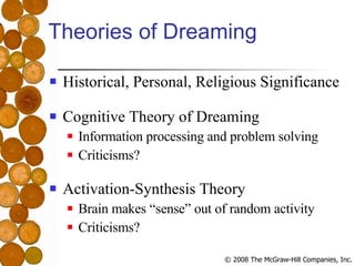 Theories of Dreaming Historical, Personal, Religious Significance Cognitive Theory of Dreaming Information processing and problem solving Criticisms? Activation-Synthesis Theory Brain makes “sense” out of random activity Criticisms? 