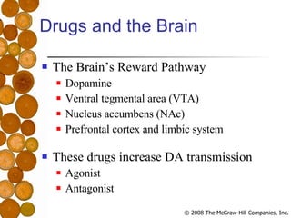 Drugs and the Brain The Brain’s Reward Pathway Dopamine Ventral tegmental area (VTA) Nucleus accumbens (NAc) Prefrontal cortex and limbic system These drugs increase DA transmission Agonist Antagonist 